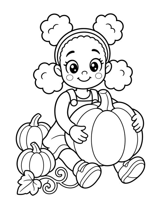 Thanksgiving coloring page of Nolly hugging a giant pumpkin